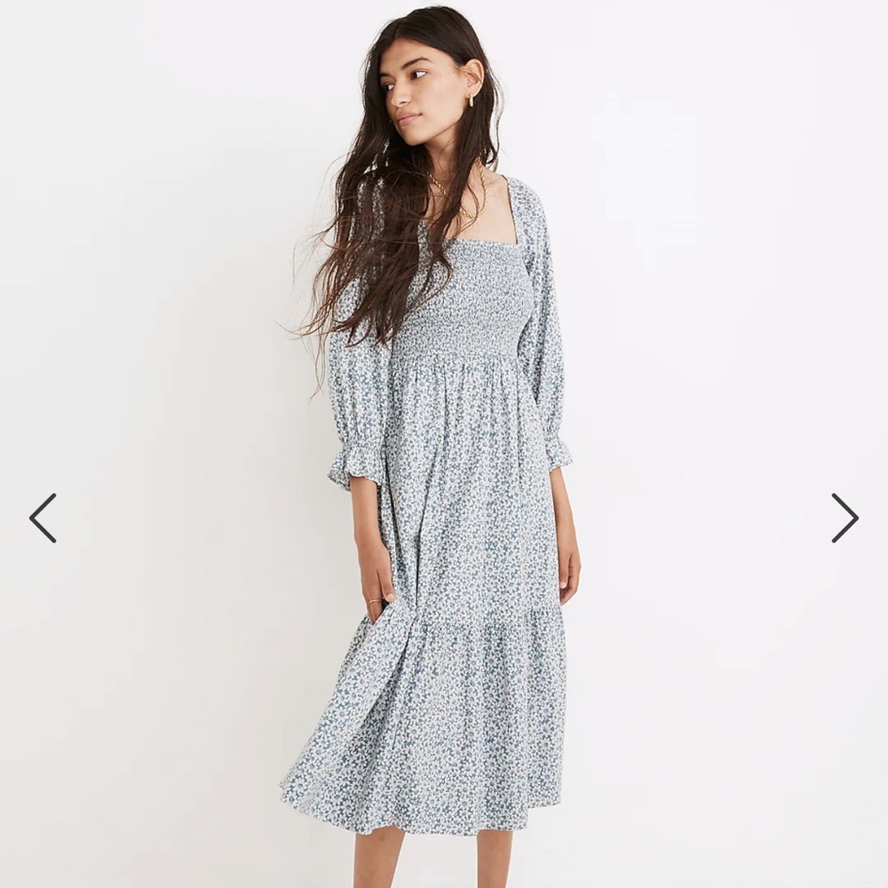 Mint EUC Madewell Lucie Smocked Midi Dress Size XS/S Blue Floral!